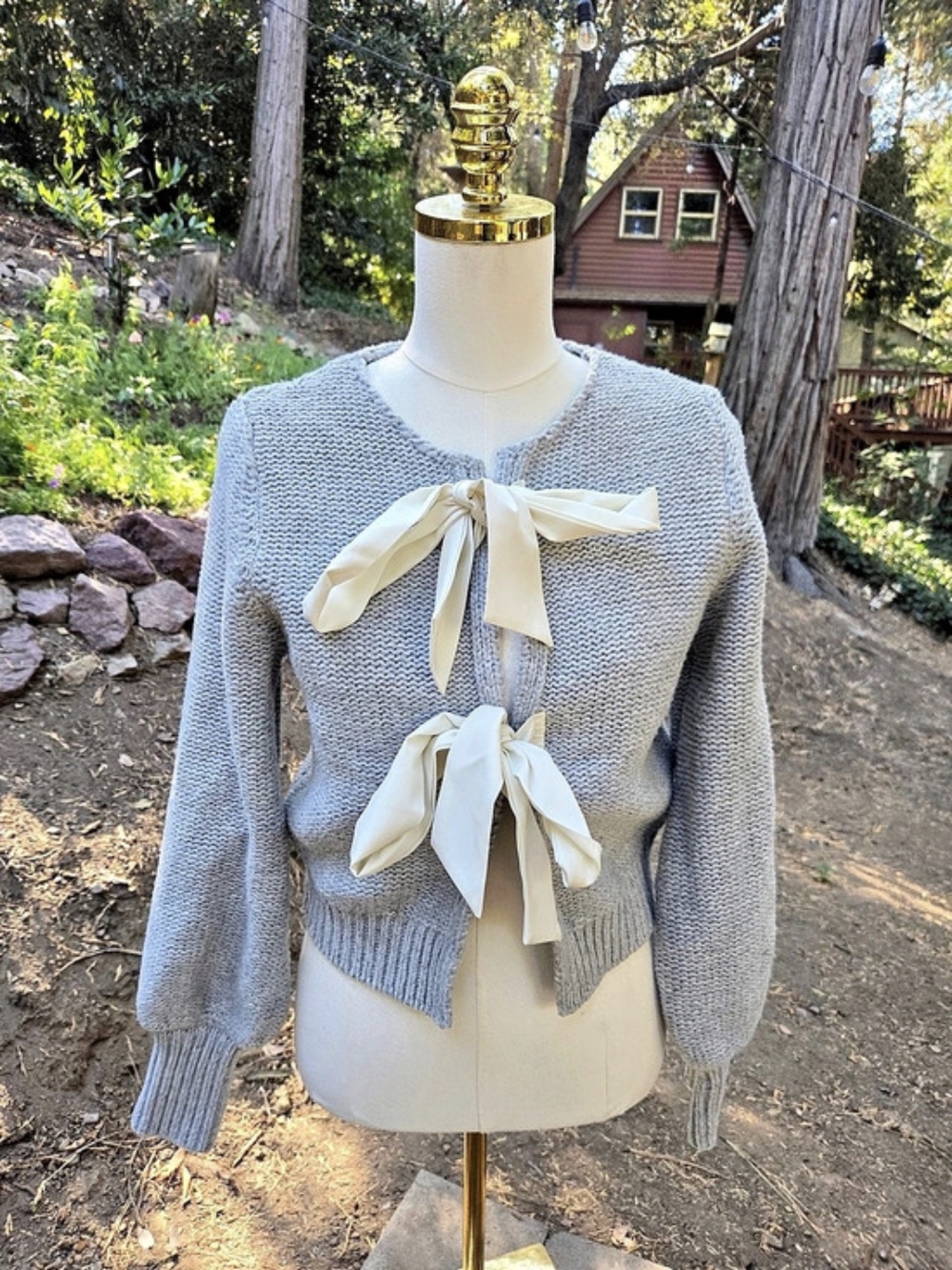 Commense Bow Front Knit Sweater Gray Small